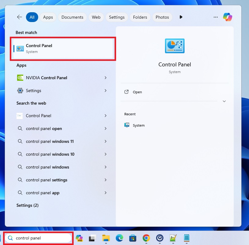 control panel windows search