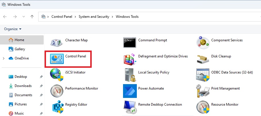 windows tools control panel