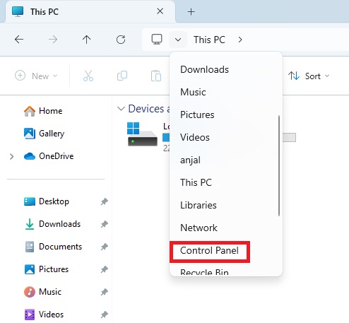 control panel from file explorer