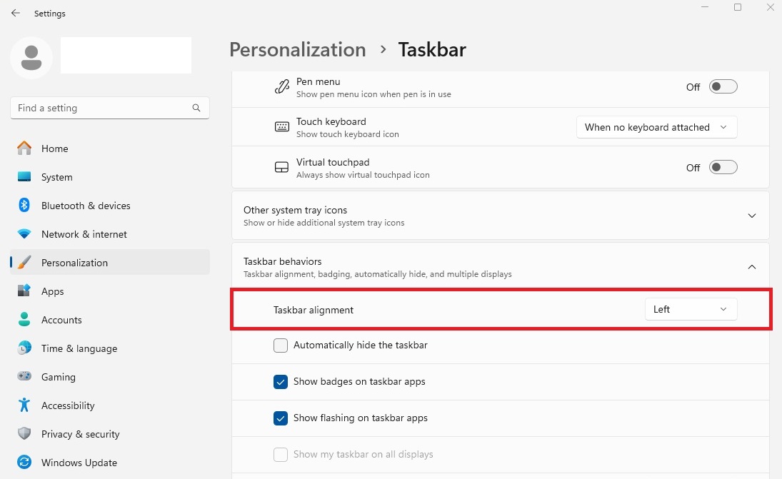 taskbar alignment