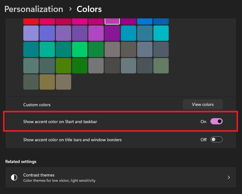show accent color on start and taskbar