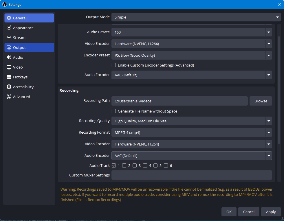 obs studio output settings