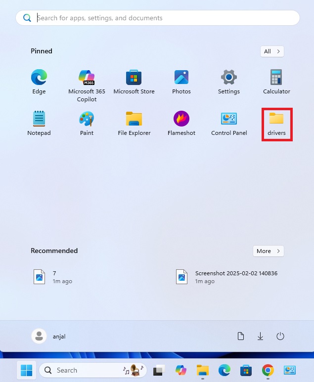 pinned folder in start menu